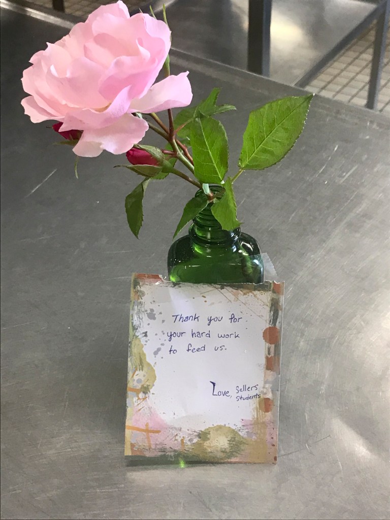 In addition to letters, some students at Sellers Elementary School in Glendora leave gifts like this flower for the district's cafeteria staff when they pick up their free meals. Staff members say it's been an added benefit to get to interact more with parents and students. Photo courtesy of Glendora Unified School District