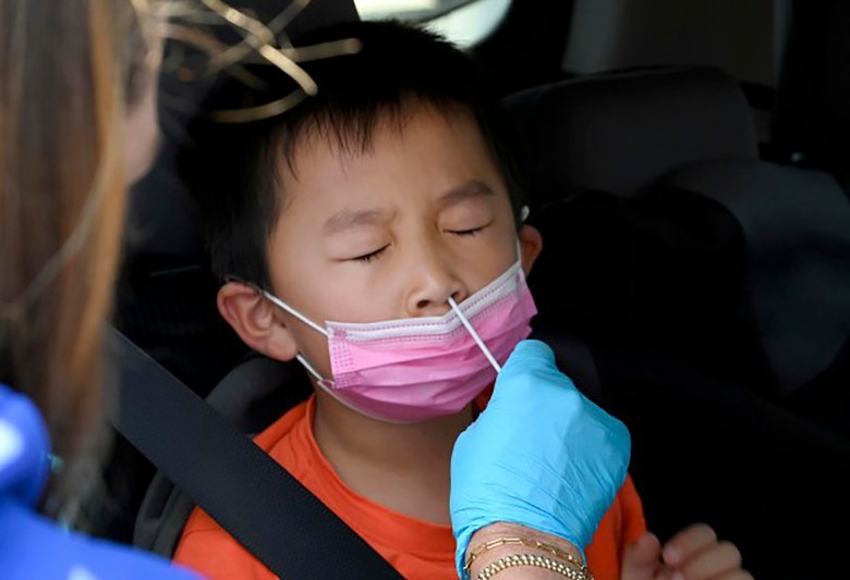 Nathan Bian, 5, gets swabbed for a rapid COVID-19 test at Palos Verdes High School in Palos Verdes Estates on Aug. 24, 2021. Photo by Brittany Murray, Press-Telegram/SCNG