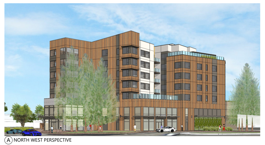 Architectural renderings of the 7-floor apartment building at Kifer Road and Lawrence Expressway