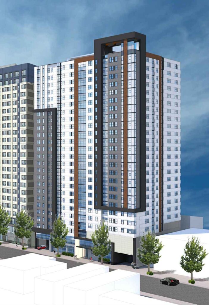 A digital rendering of a planned apartment tower in San Jose
