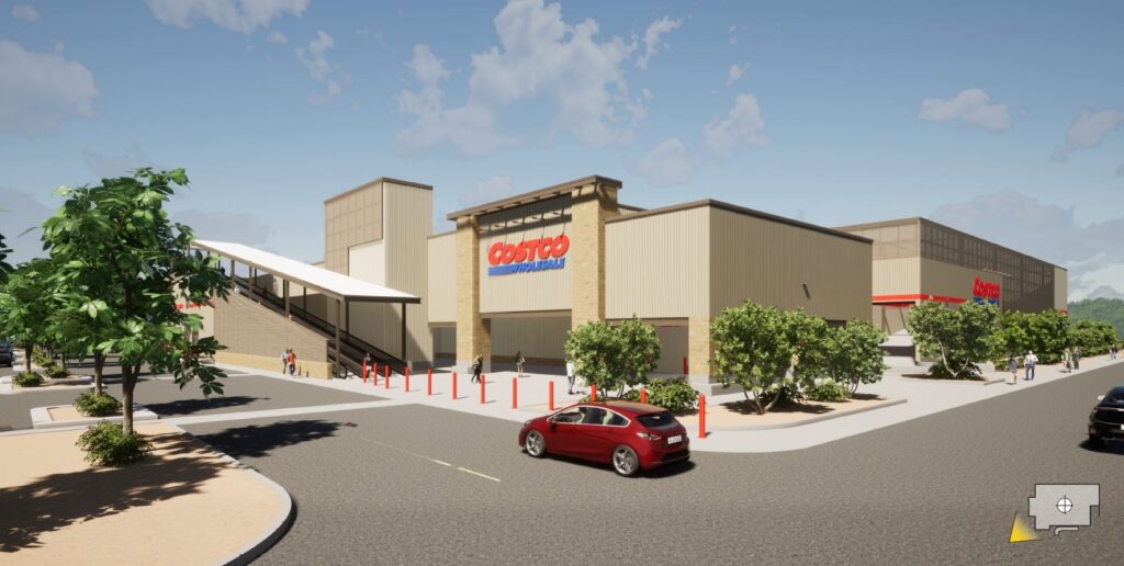 A digital rendering of a new Costco, showing the Costco sign on a tan building behind a road and greenery.
